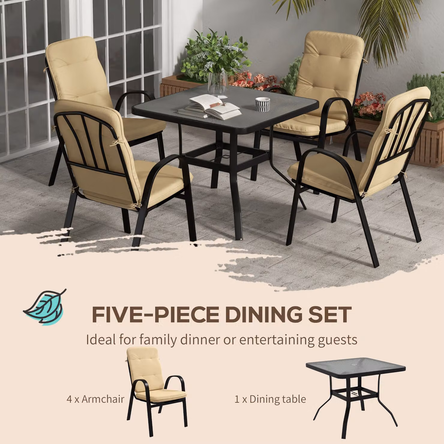 Outsunny 5 Piece Outdoor Square Garden Dining Set with Tempered Glass Table and 4 Cushioned Armchairs in Beige – 5
