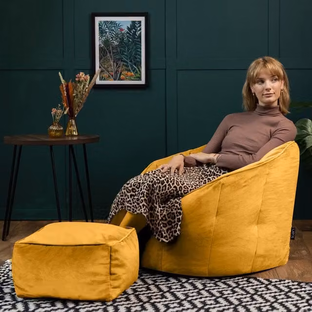 icon Sirena Velvet Accent Chair and Bean Bag with Footstool in Yellow