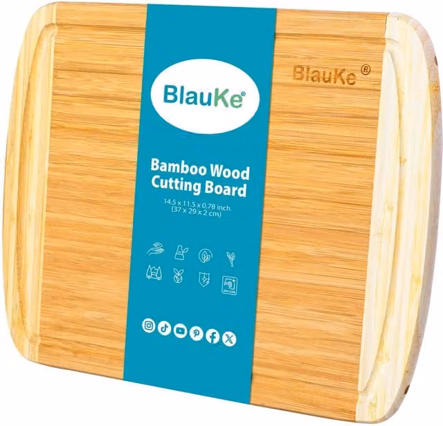 BlauKe Bamboo Wood Cutting Board with Juice Groove and Handle, Beige, W: 38 cm, D: 25 cm