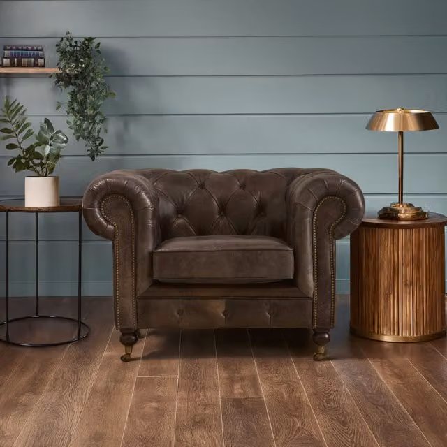 Orsina Dark Grey and Brown Leather Chesterfield Armchair with Button Tufted Backrest – 2