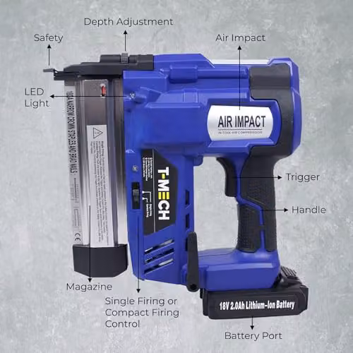 T Mech 2 in 1 Cordless Heavy Duty Nail and Staple Gun with Additional Battery, Blue and Black – 4