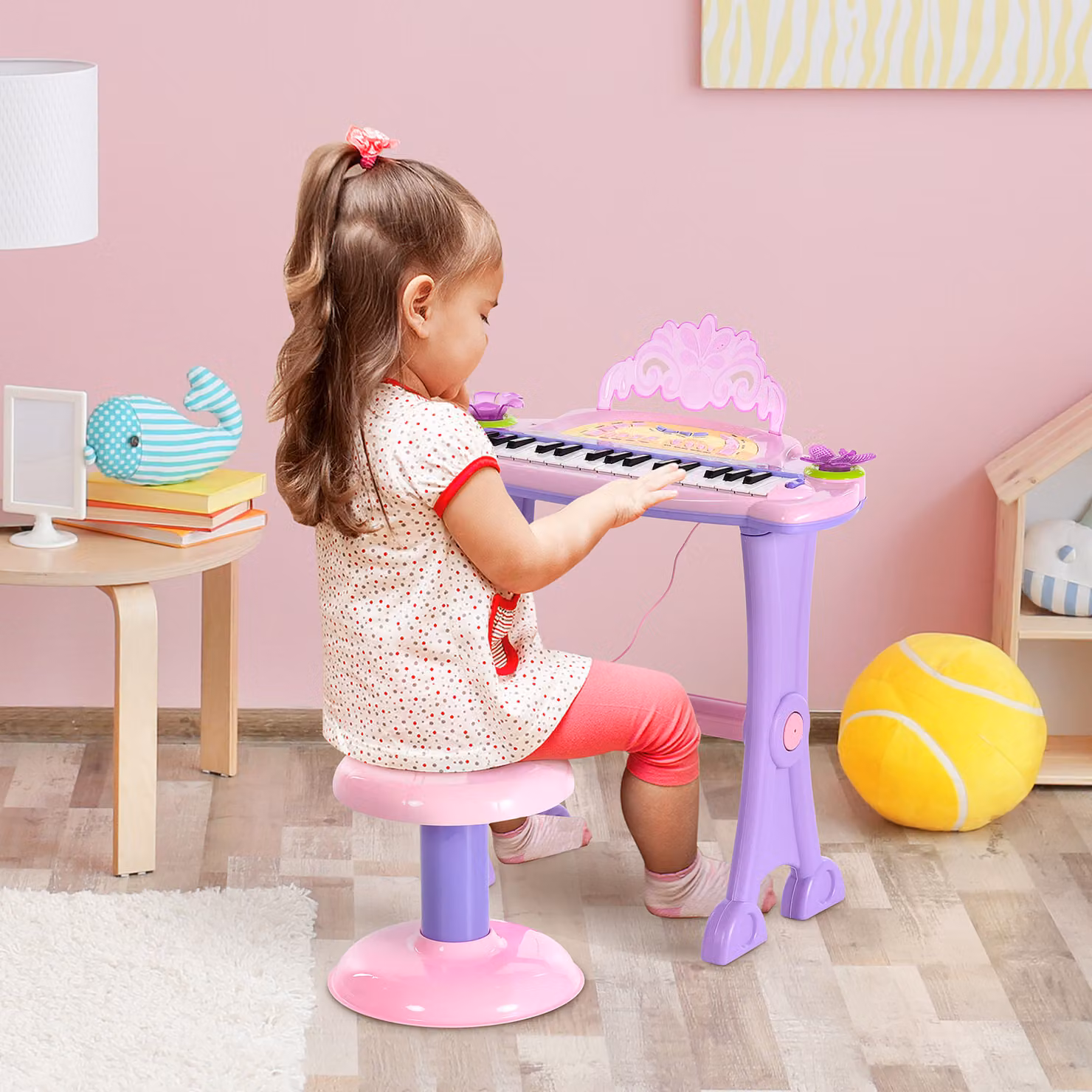 HOMCOM Electronic Mini Piano Keyboard for Kids with Microphone and Stool in Purple or Pink – 2