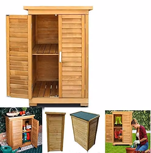 HYGRAD All Weather Wooden Outdoor Garden Storage Cabinet with Hinged Roof and Internal Shelves, Brown/Beige, W/D/H: 69 x 43 x 96 cm – 1