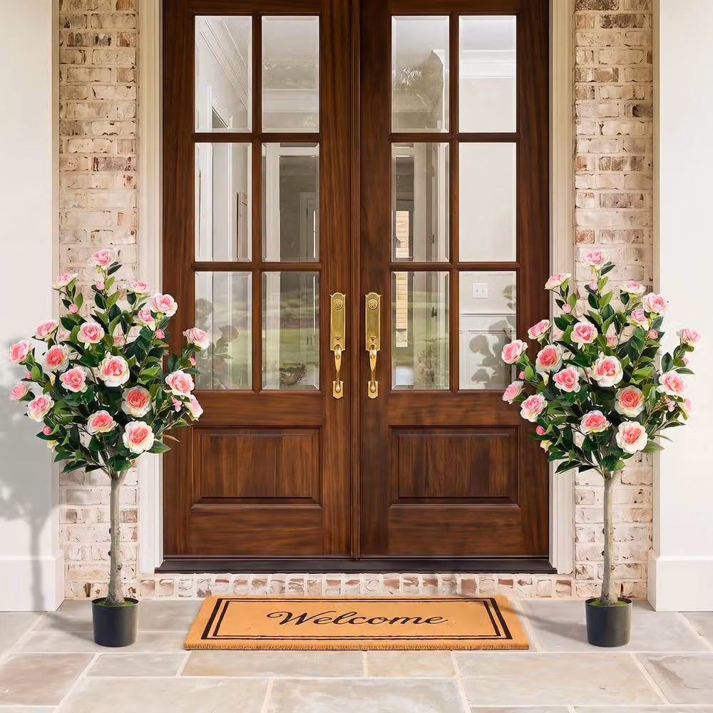 Costway Set of 2 Artificial Camellia Tabletop Floral Trees in Green and Pink – 3