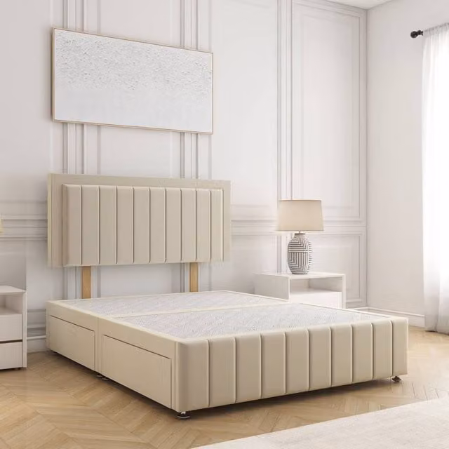 BSSPOKE Sophia Plush Velvet Double Divan Bed Set with 24 inch Headboard and 4 Drawers in Beige