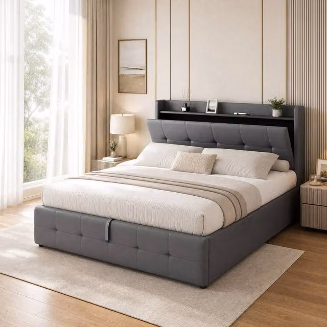 STILVORA King Size Ottoman Bed with Under-Bed LED Lighting and USB Charging Ports, Grey – 1