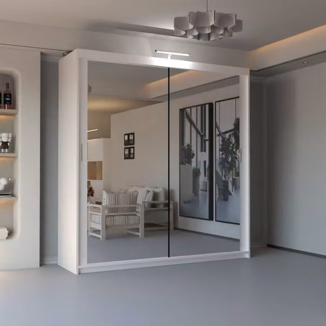 Sliding Wardrobes 4U Modern White Mirror Sliding Wardrobe with Integrated LED Lighting, W: 100 cm, H: 217 cm