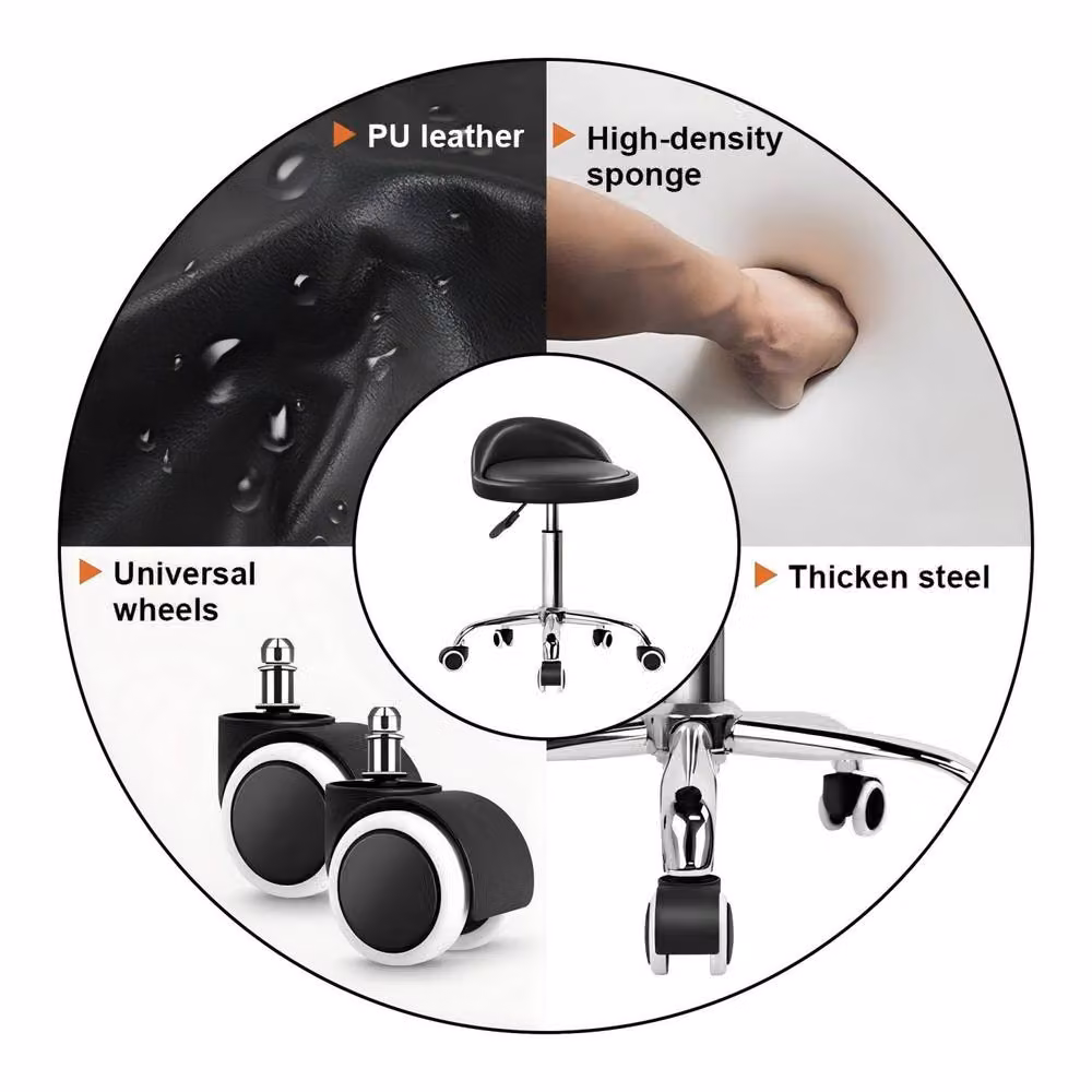 KKTONER Comfortable Black PU Leather Round Rolling Stool with Back Rest and 360 Degree Swivel – 2