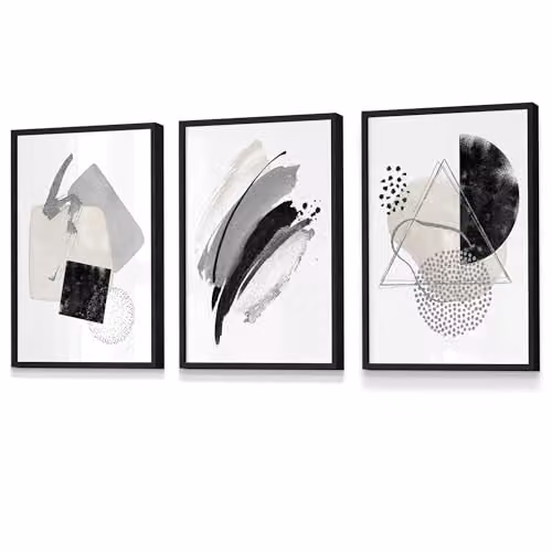 ARTZE Set of 3 Abstract Black and Grey Geometric Wall Art with Black Frames, W: 45 cm, H: 62 cm – 2