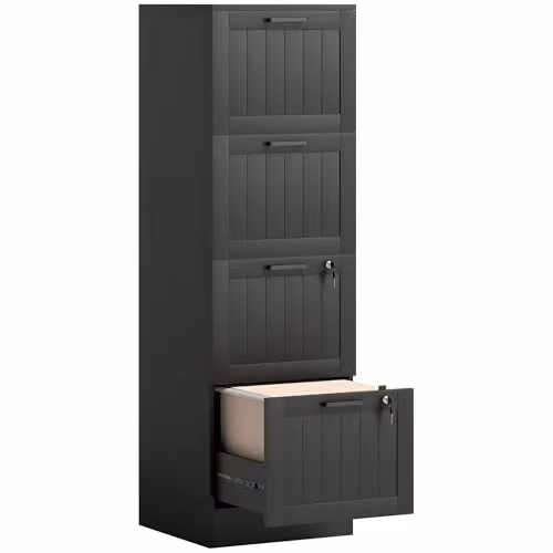 HOMCOM 4 Drawer Black File Cabinet with Lock for A4 and Letter Size Folders