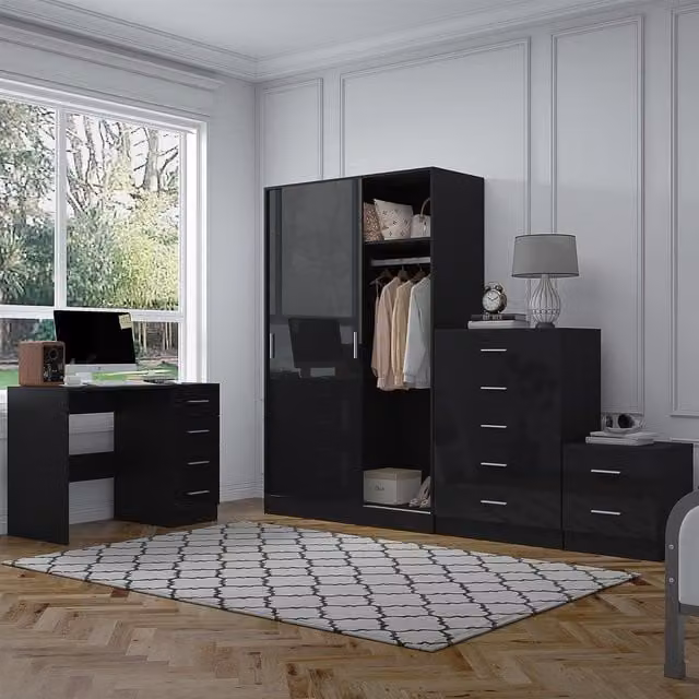 REFLECT Bedroom Furniture Bundle including Sliding Wardrobe, Tall Chest, Bedside Table and Desk in Black Gloss and Matt Black