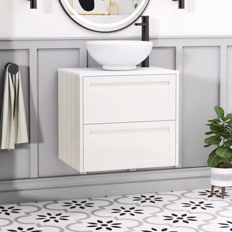 Royal Bathrooms Elmore Classic White Wall Hung Vanity Unit with 2 Drawers, Plain White Worktop and Breeze Basin, Width: 60 cm