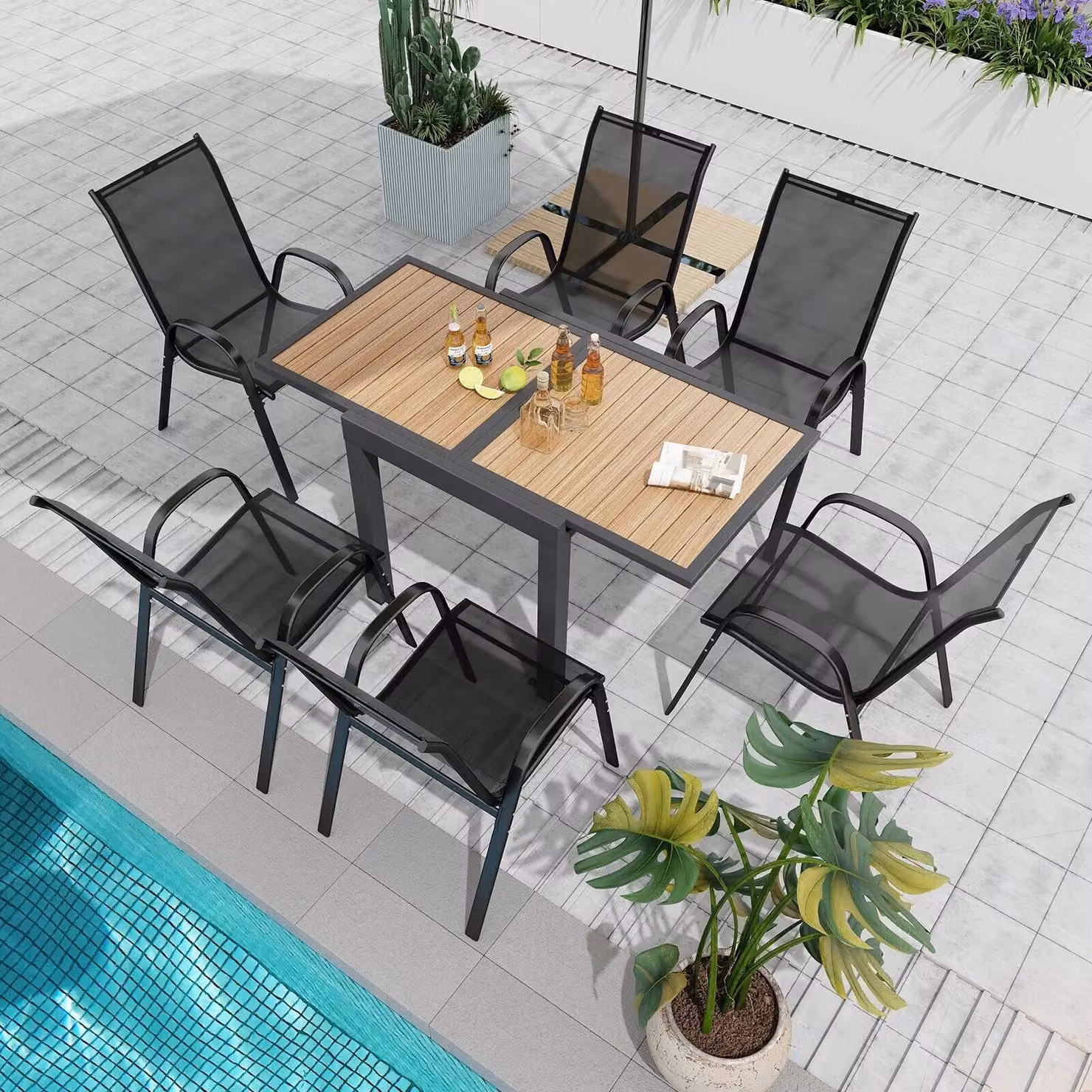 Costway Extendable Rectangular Patio Dining Table for 4-6 People in Brown Wood-like Aluminium – 4