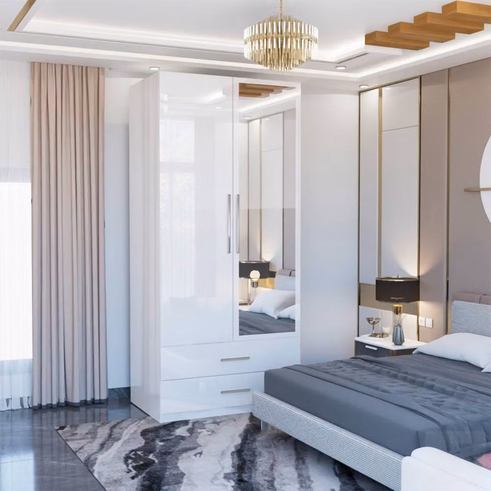 MN Furniture Modern High Gloss White Mirrored Wardrobe with Drawers, W/D/H: 80 x 50 x 200 cm – 2