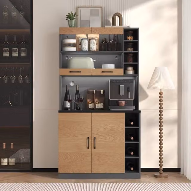 Merax Tall Kitchen Storage Cabinet Pantry with LED Open Shelves in White, Black or Beige