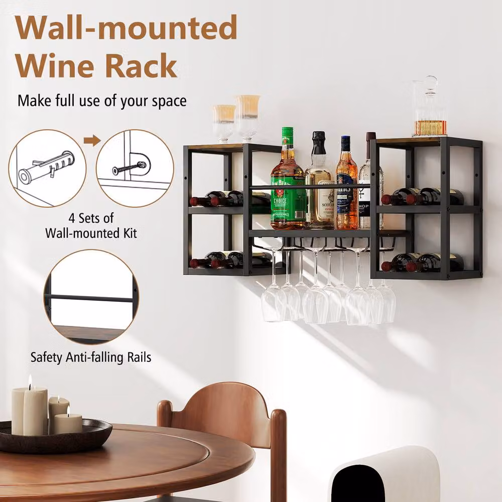 Costway 3-Tier Wall Mounted Industrial Wine Rack and Floating Kitchen Shelf with Glass Holder in Brown – 3