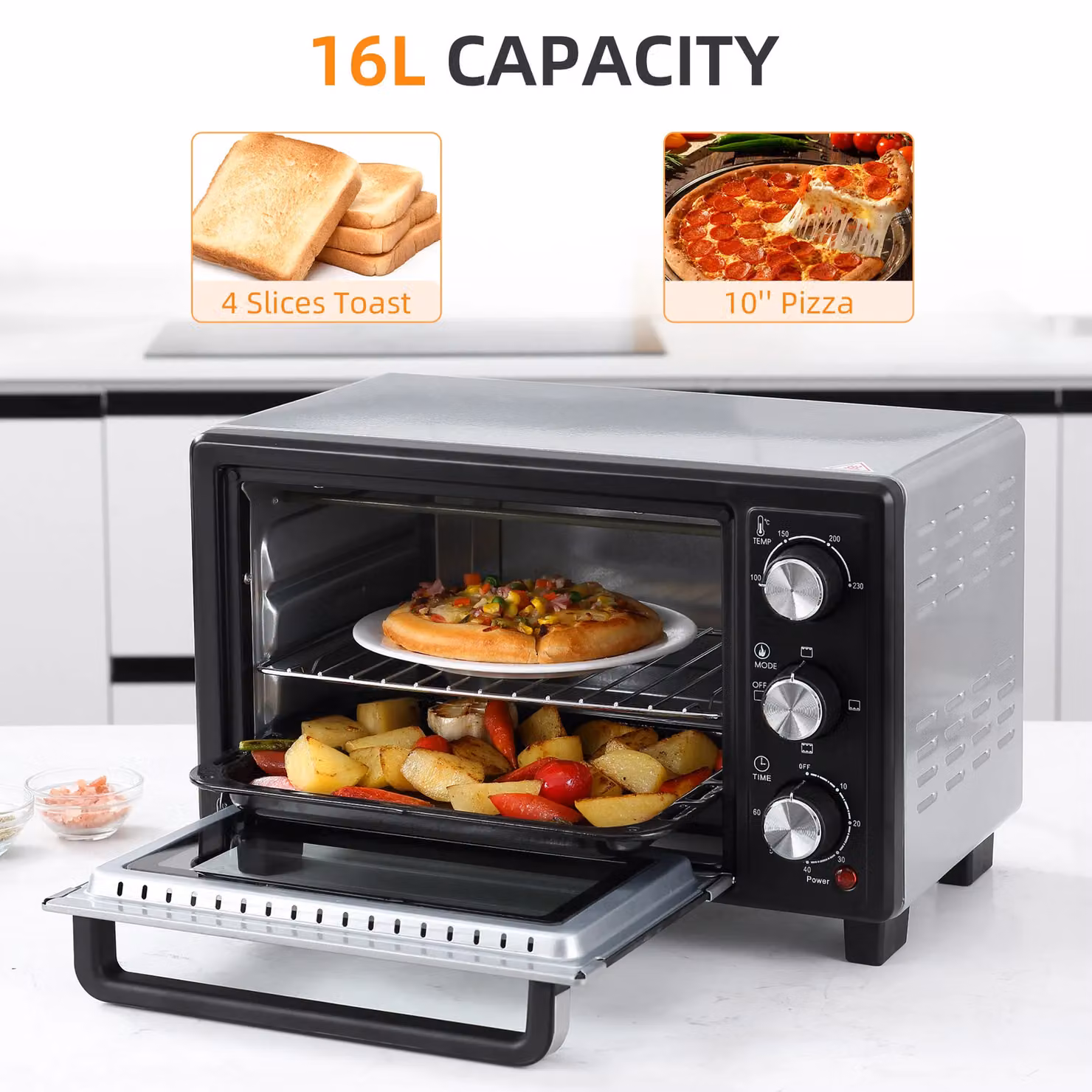 HOMCOM 16L Countertop Mini Oven with Grill and Timer, Silver – 3