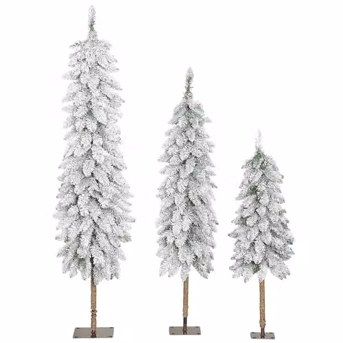 HOMCOM Set of 3 Flocked Slim Downswept Christmas Trees in White and Green, H: 91 cm, H: 122 cm, H: 152 cm