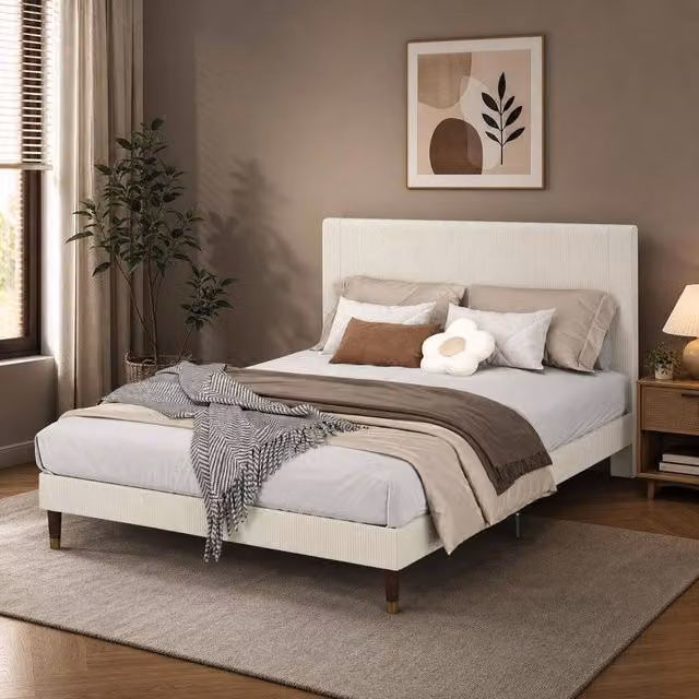 London Boutique Modern Upholstered Double Platform Bed Frame with Headboard in Beige, W/D/H: 140 x 200 x 110 cm