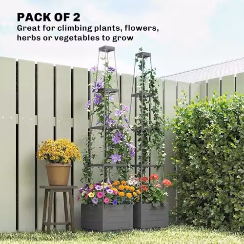 Outsunny 2 Pack Grey Raised Garden Beds with Trellis and Removable Drainage Trays, W/D/H: 28 x 28 x 140 cm – 2