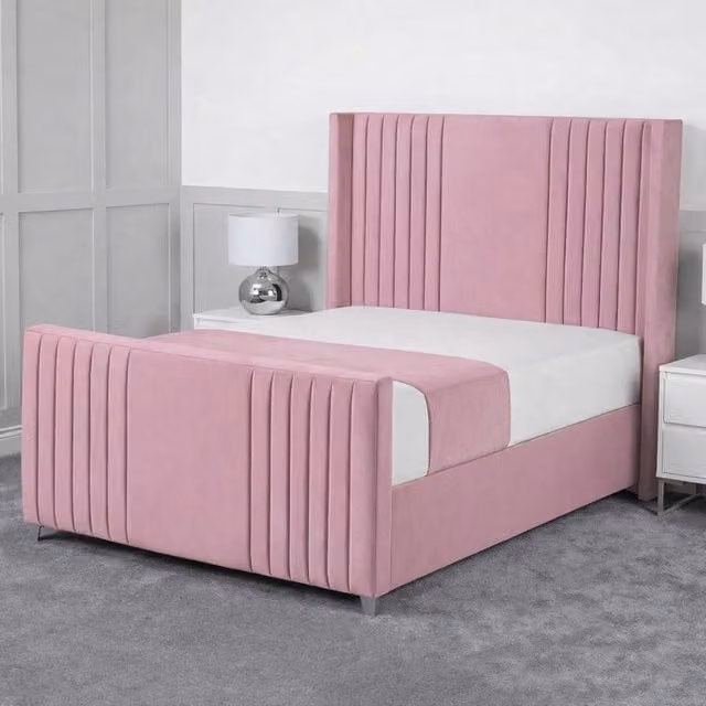 Living Comfort Bedz Emilia Pink Velvet Upholstered Gas Lift Storage Bed with 48 Inch Headboard, W/D/H: 140 x 200 cm