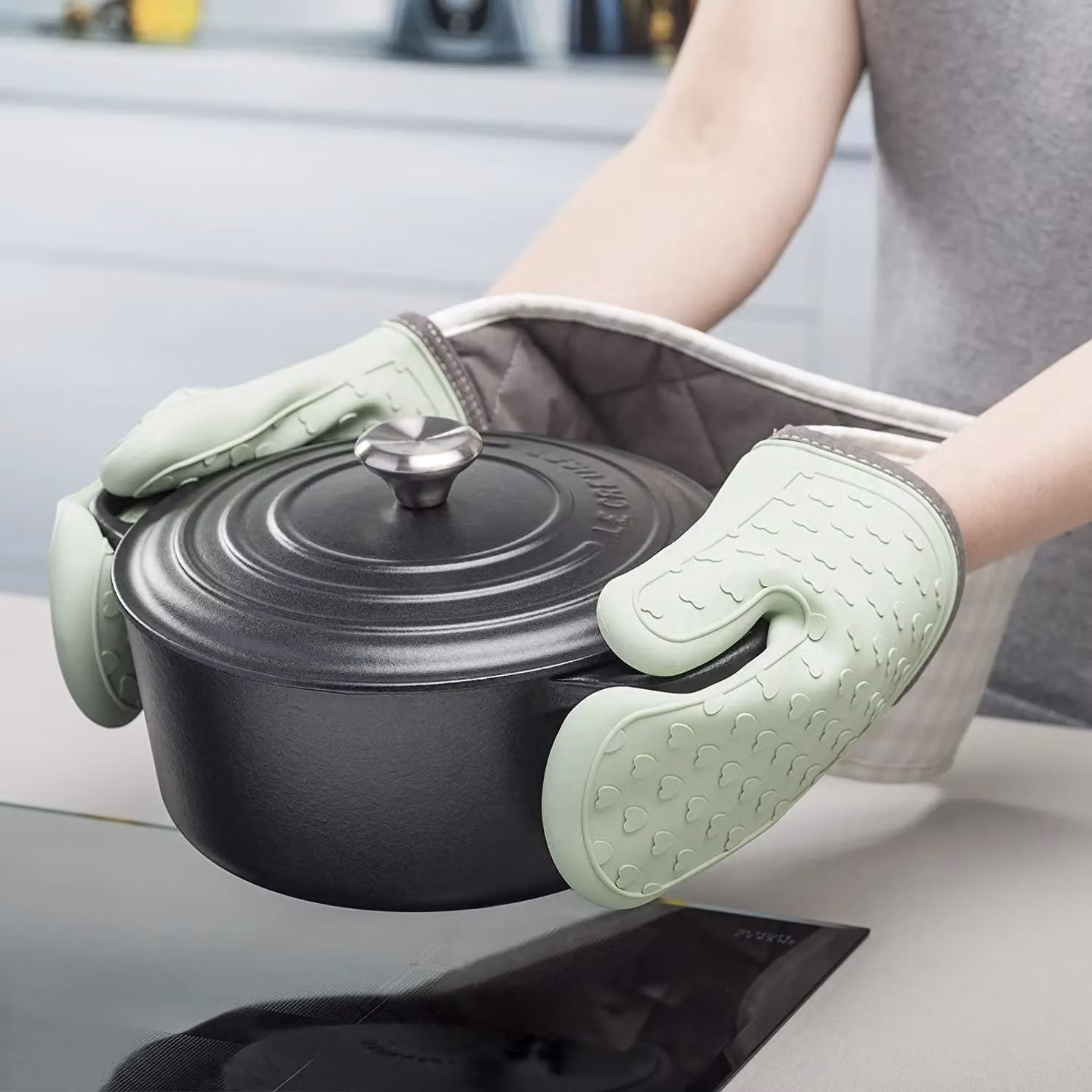 Zeal Steam Stop Waterproof Non-Slip Silicone Double Oven Gloves in Light Green – 3