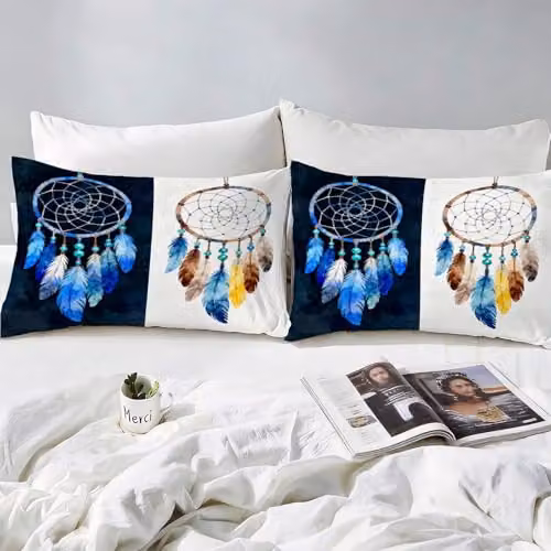 Duosm 3-Piece Single Duvet Cover and Pillowcase Set, 3D Printed Watercolor Dreamcatcher Bohemian Microfibre Bedding, White, W/D/H: 135 x 200 cm – 3