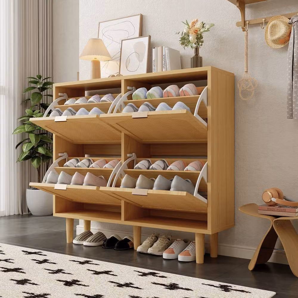 ModernLuxe Narrow Rattan Shoe Cabinet in Light Oak with 4 Drawers and Hinged Doors, W/D/H: 100 x 25 x 90 cm – 2