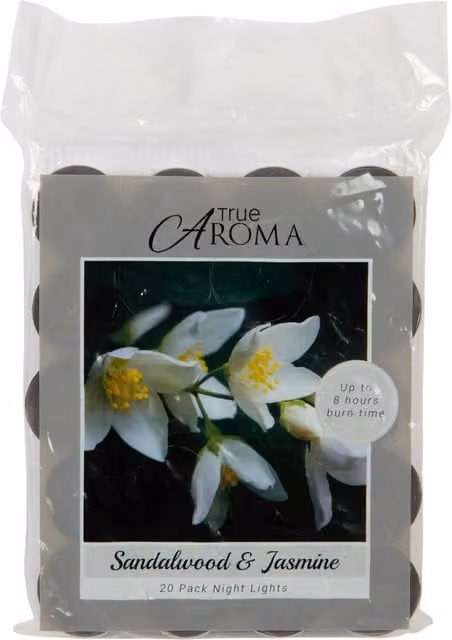 True Aroma Scented Tealight Candles, Sandalwood and Jasmine, White, Pack of 20