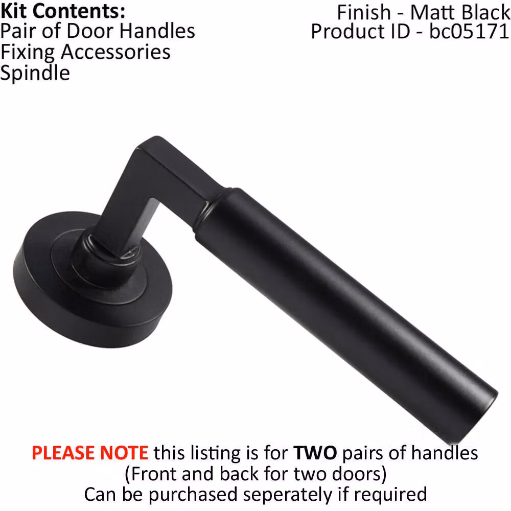 Loops 2x Pair Straight Round Bar Handles with Round Rose Concealed Fix in Matt Black – 2