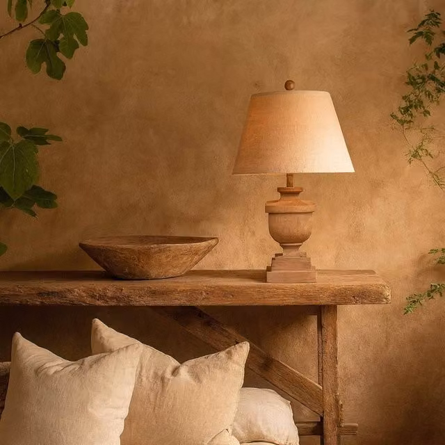 Wyld Haus Bormes Wooden Pedestal Table Lamp with Brown Wood Base and Beige Fabric Shade – 1