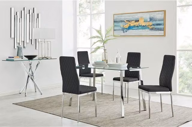 FurnitureboxUK Cosmo Chrome Kitchen Dining Table and 4 Milan Dining Chairs in Black
