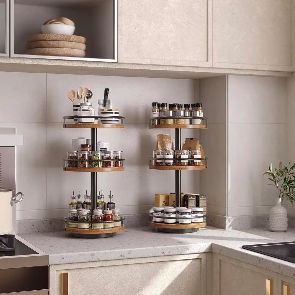 KORVIXA 3-Tier Rotating Spice Organiser and Rack in Brown – 4