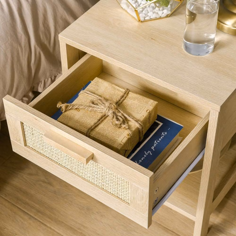 Wyld Haus Vicoha Set of 2 Natural Rattan Bedside Tables with Drawer and Open Shelf, Beige/Sand/Brown, W/D/H: 40 x 40 x 48 cm – 5