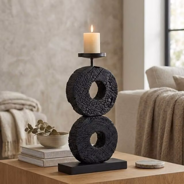 Garden Greatness Fidel Tiered Charred Candle Holder in Black and Multicolour, Rustic Tabletop Design