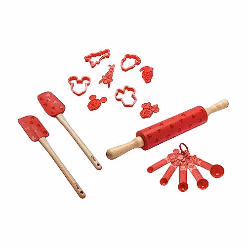 Prestige Disney Bake with Mickey Kitchen Utensils Set in Red with Silicone Spatulas, Rolling Pin and Cookie Cutters