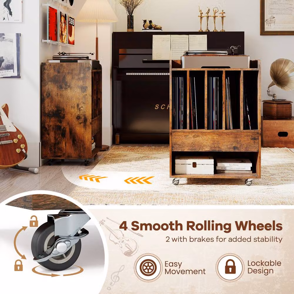 Gymax Brown Rolling Vinyl Display Cabinet and Record Player Turntable Stand with Wheels – 9