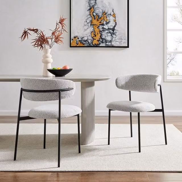 Modish Furnishing Remy Set of 2 Slimline Light Grey Boucle Dining Chairs with Black Metal Frame