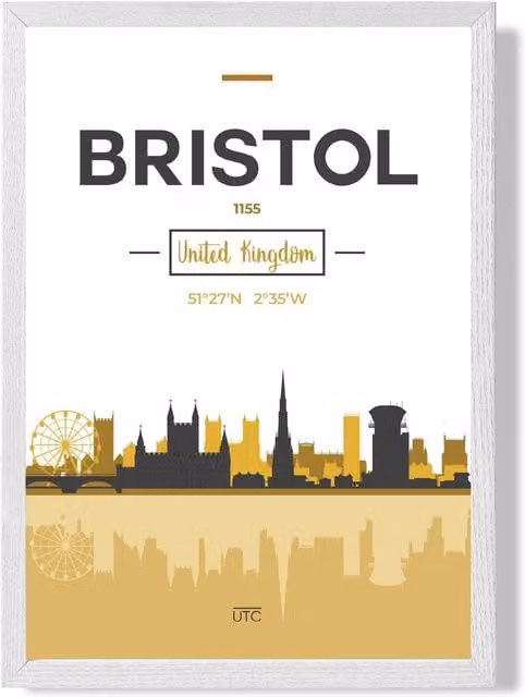 ARTZE Bristol Yellow and Black City Skyline Framed Paper Poster with White Frame, A3