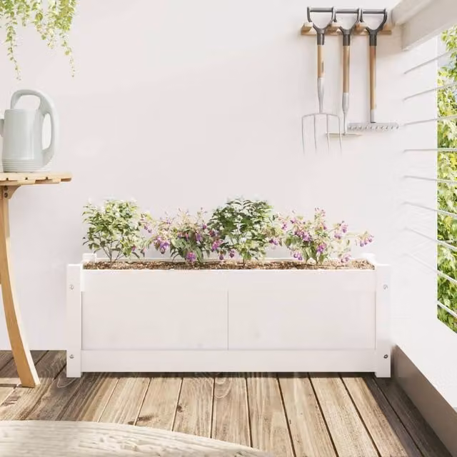 Berkfield Home Beautiful Garden Planter in White Solid Wood, W/D/H: 90 x 31 x 31 cm