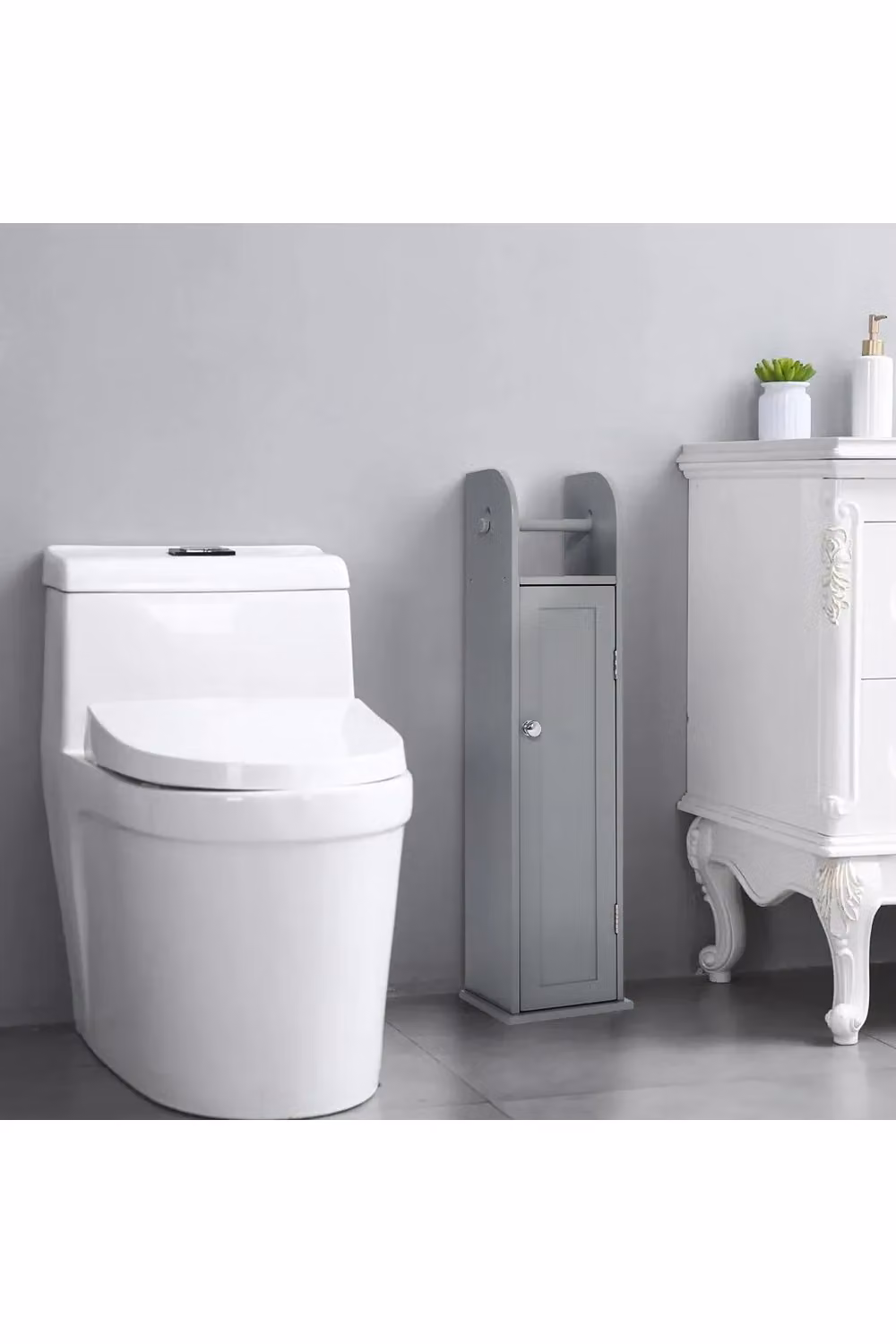 Living and Home Grey Rustic Wooden Freestanding Toilet Roll Holder and Bathroom Storage Cupboard – 2