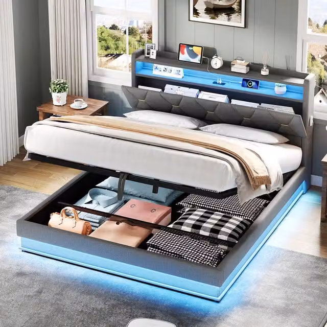 BTM Grey Fabric Upholstered Double Bed with Hydraulic Storage, LED Lighting and USB Charging Headboard, W/D/H: 140 x 200 cm – 1