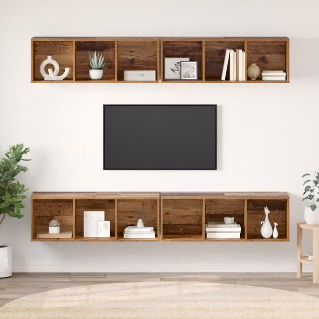 Berkfield Home Wall-mounted TV Cabinet with 4 Storage Shelves in Brown Old Wood, W/D/H: 37 x 37 x 107.5 cm – 1