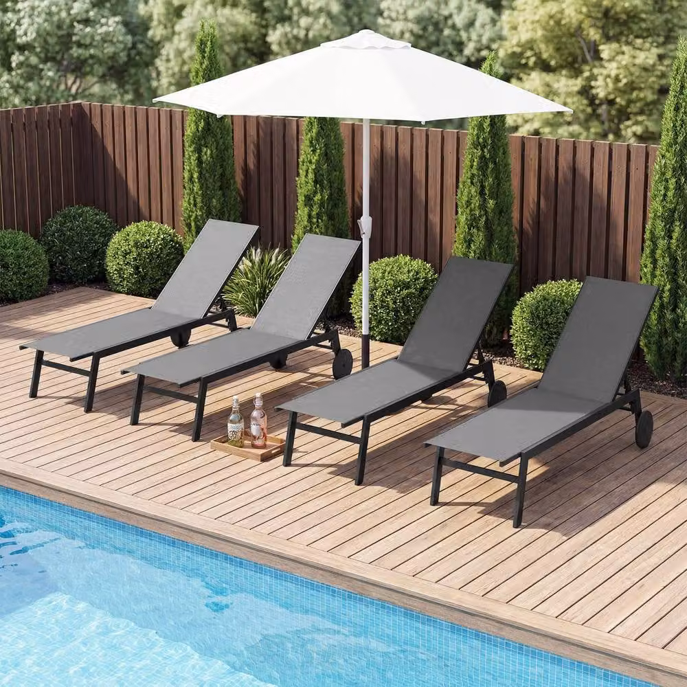 Costway Set of 2 Grey Outdoor Patio Sun Lounger Recliner Chairs with Wheels and Adjustable Headrests – 7