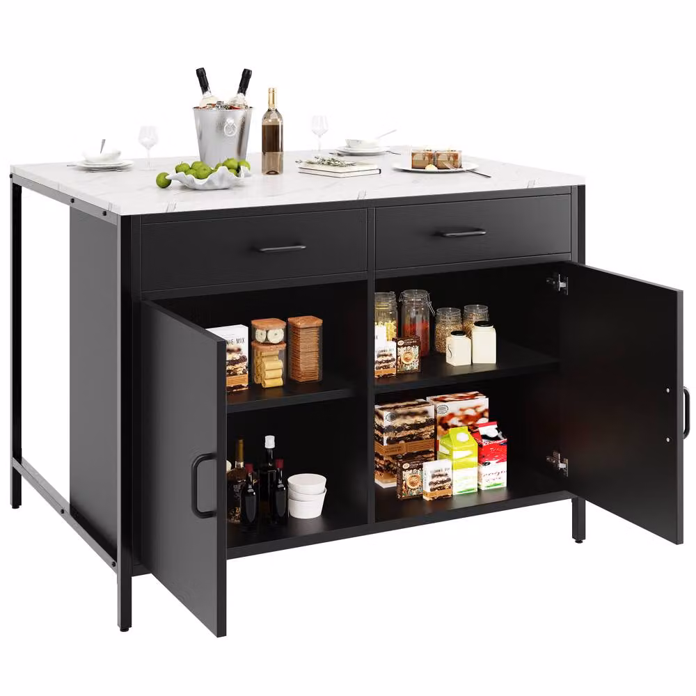 Rolipo Modern Black Kitchen Island Bar Table with Marble Effect Top – 5