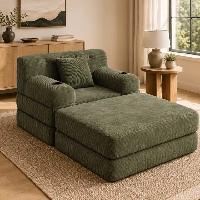 STILVORA Modern Green Sleeper Chair Sofa with Storage Pockets and Cup Holders