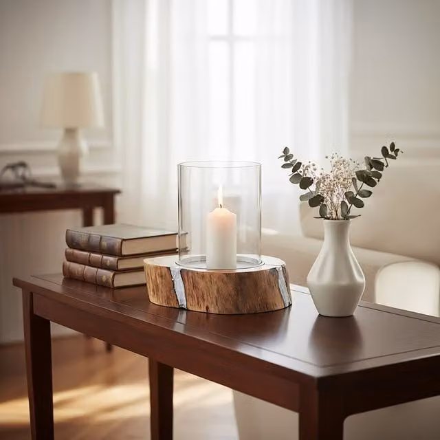 Orsina Rustic Round Wood and Glass Pillar Candle Holder in Brown and Silver