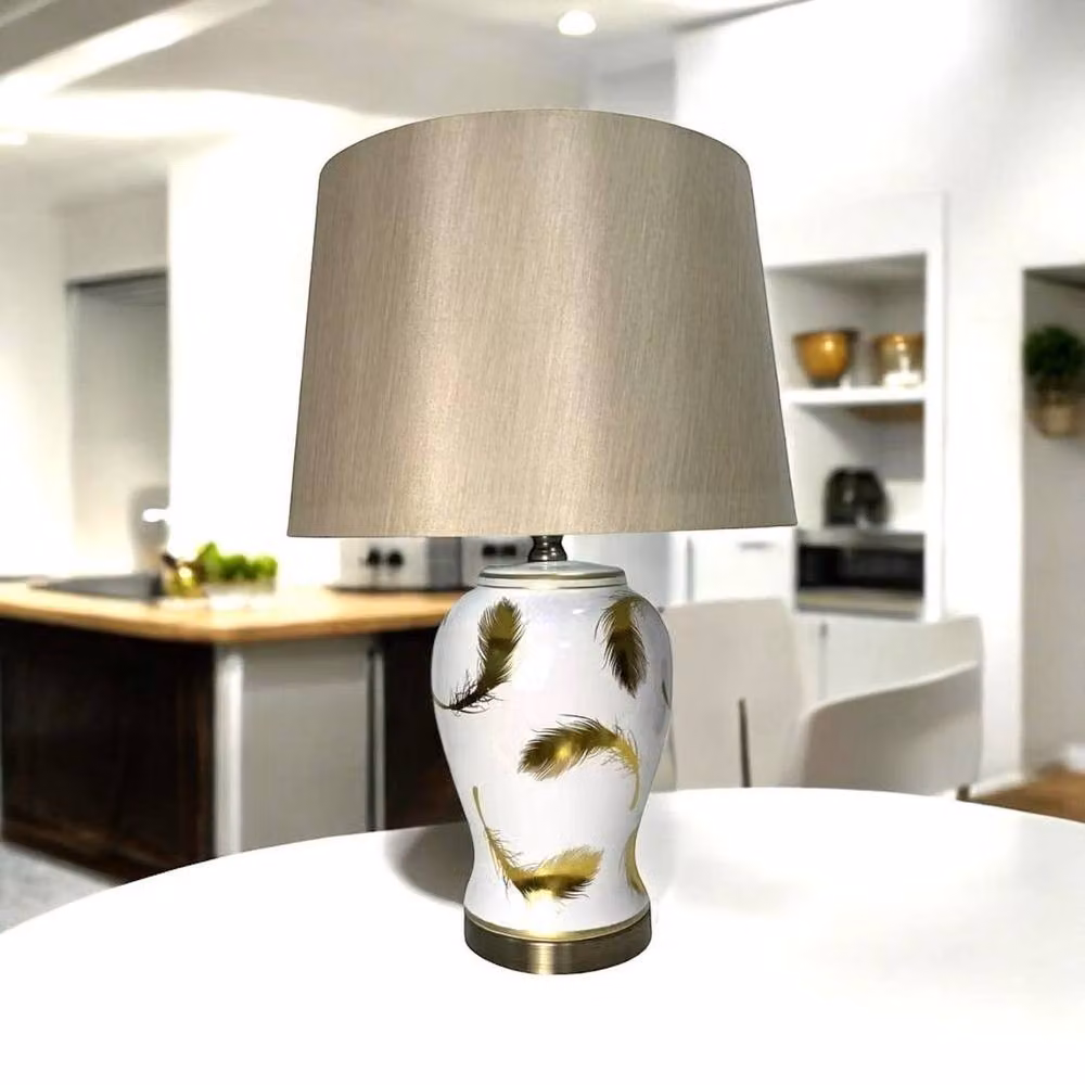 Minster Ceramic Tabletop Lamp and Shade in Brown and White, W/D/H: 40 x 26 x 65 cm – 2