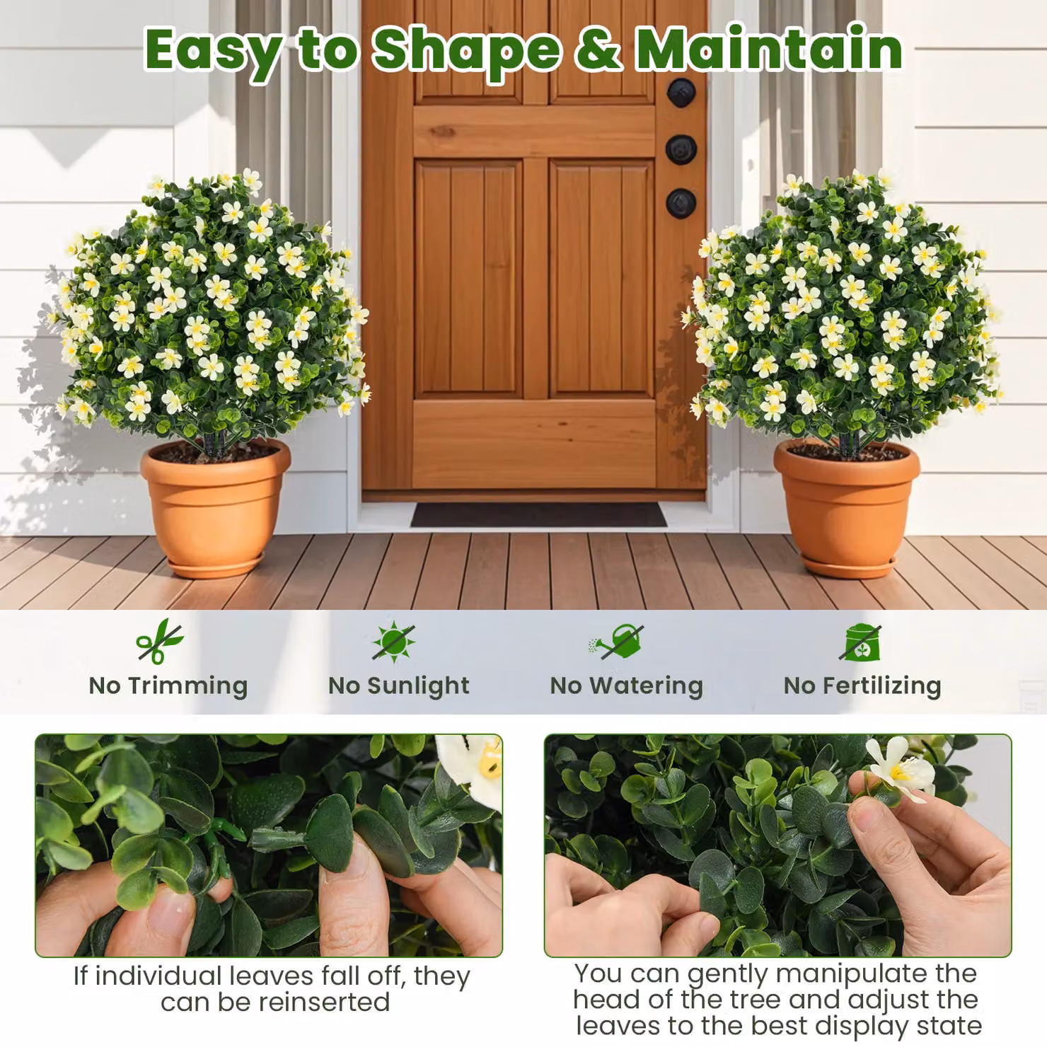 Gymax 2-Pack Artificial Boxwood Topiary Ball Trees with Flowers in White Pots, Height: 54 cm – 2