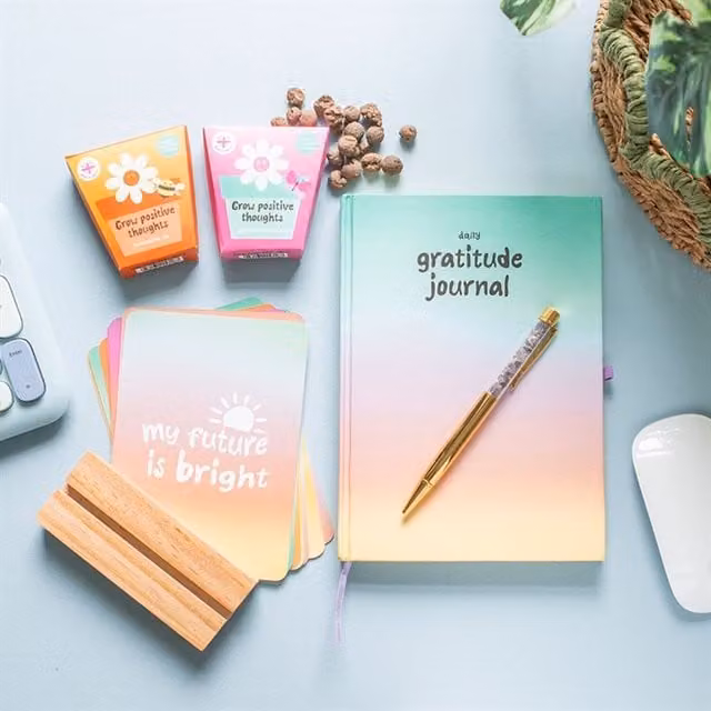 KDMK Mindful Moments Affirmation Card Set with Tabletop Wood Stand, Brown